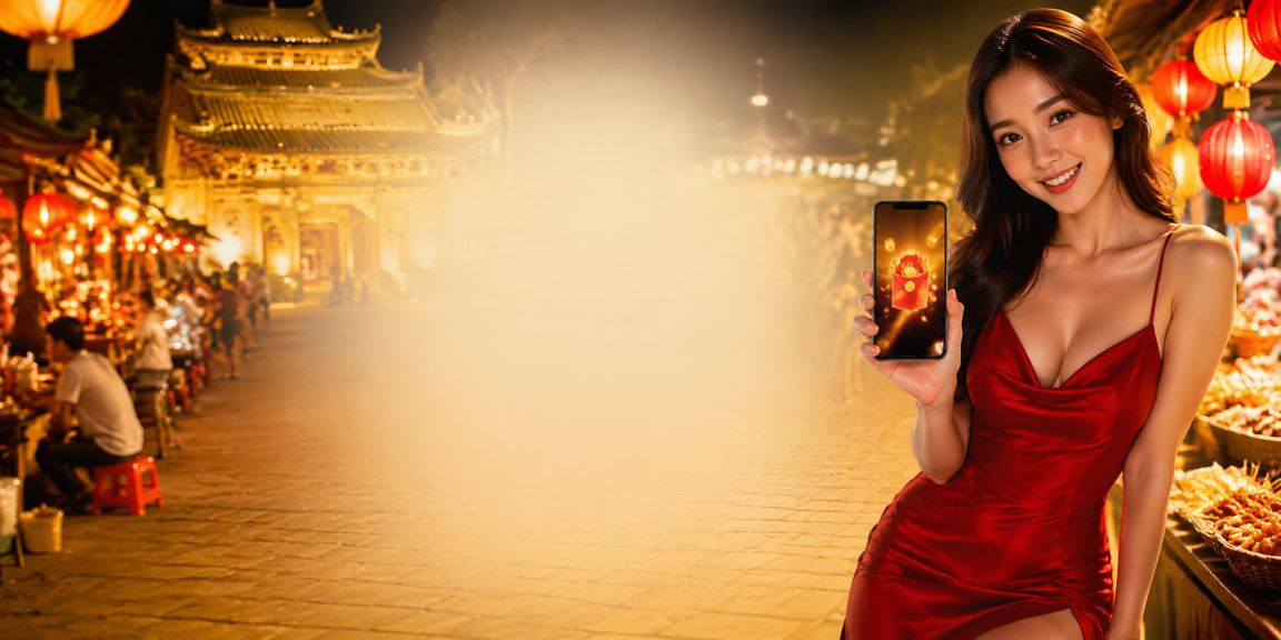 Phong bao lì xì đỏ trong chợ đêm Huế với ánh sáng lung linh